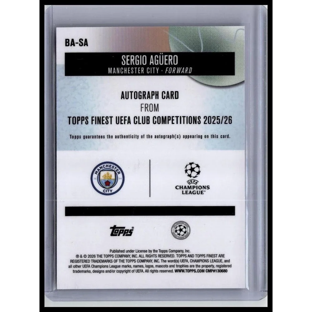 2025-26 Finest UEFA Sergio Agüero #BA-SA Manchester City Base Auto Purple #/75